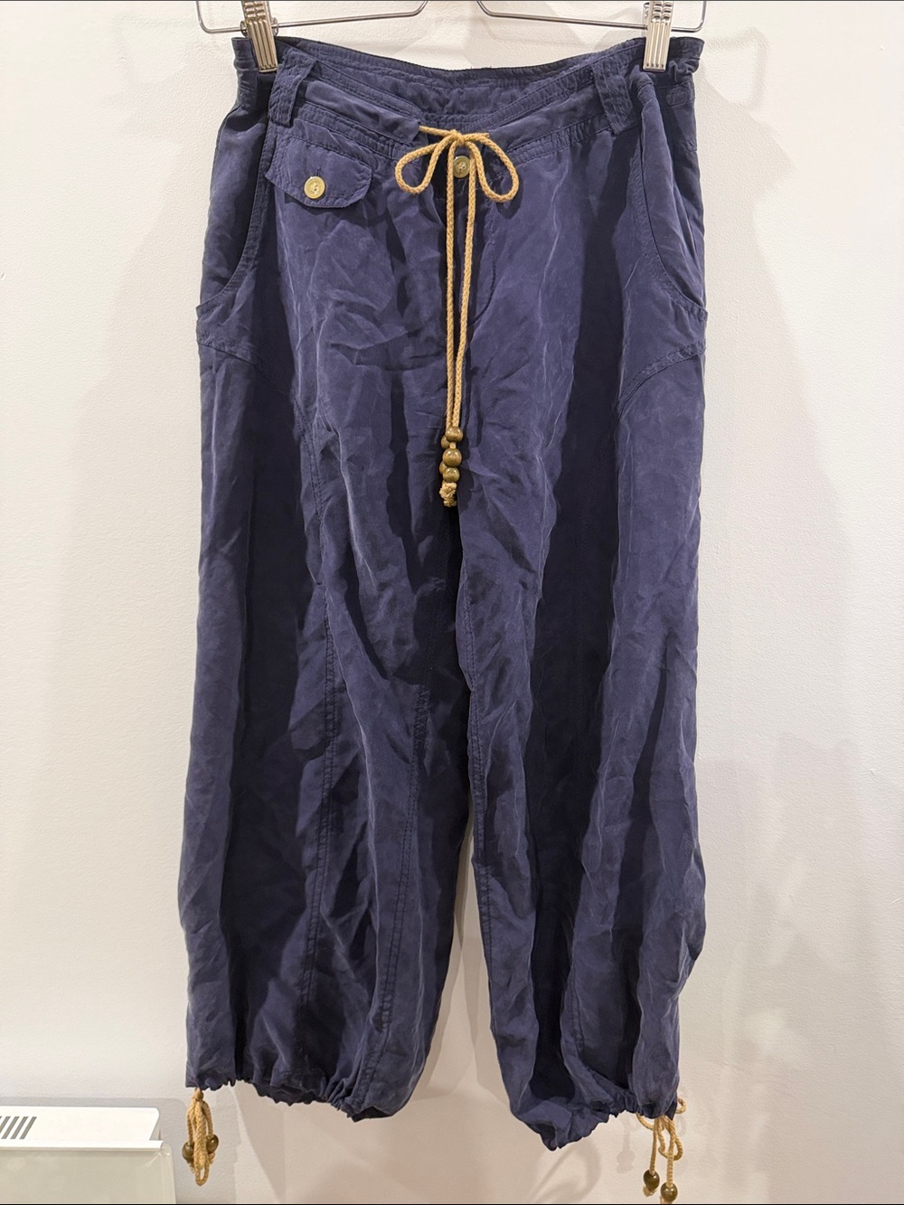 100% silk navy blue balloon capris